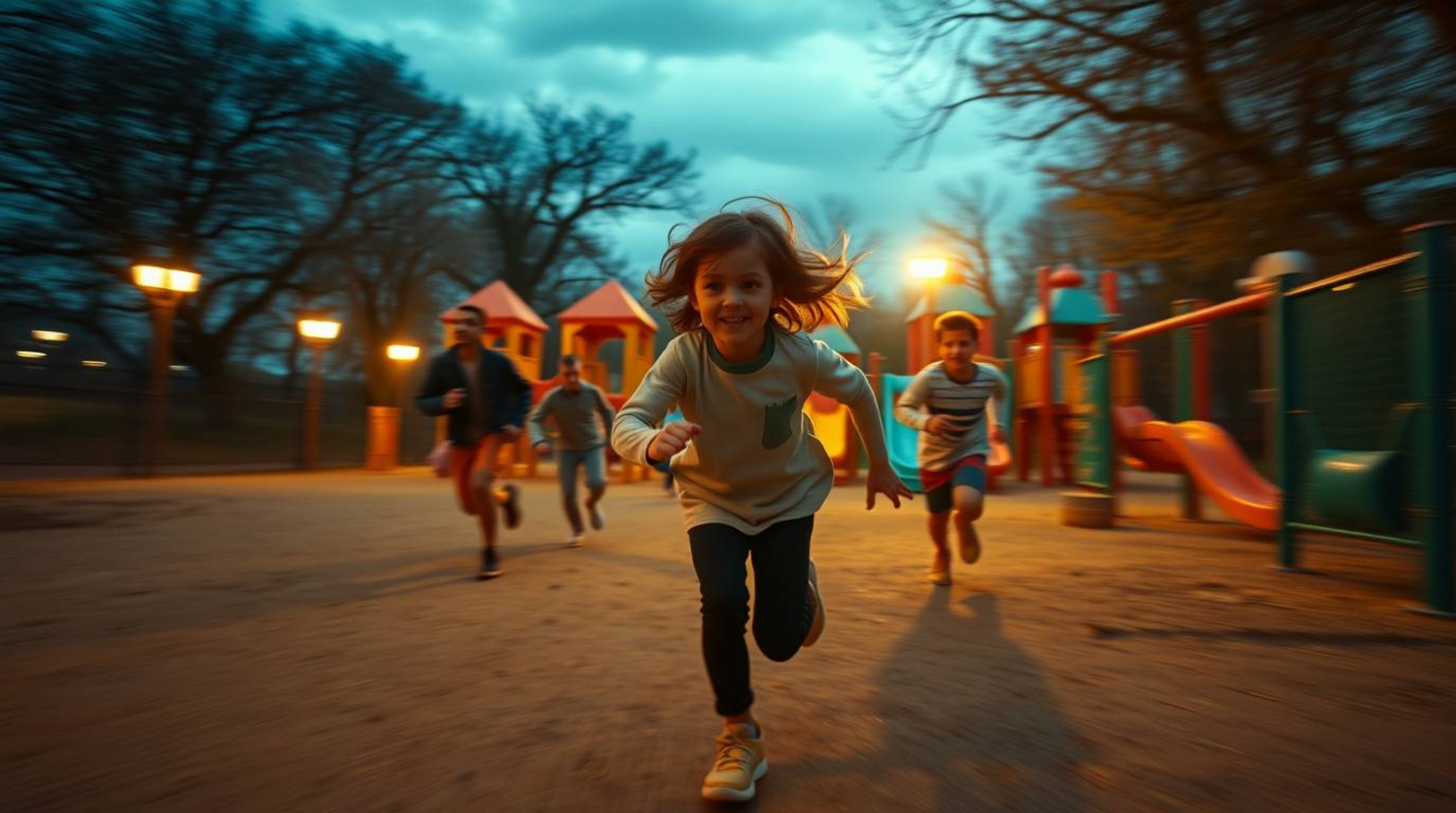 Experience a dramatic slow-motion run through a playground, rendered in a cinematic style with volumetric lighting.  The scen
