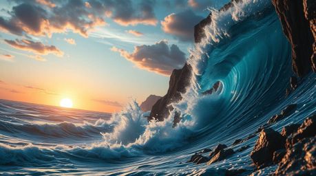 A breathtaking, extreme macro close-up depicts waves crashing against dramatic cliffs at sunset.  Rendered in a futuristic sc
