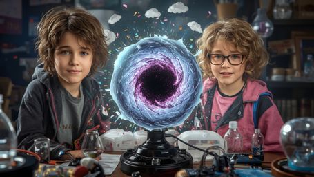 A highly detailed, vibrant, and whimsical cinematic photograph captures a magical and chaotic moment of discovery for two ent