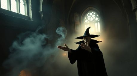 A captivating cinematic shot depicts a classic Disney villain casting a spell within the walls of an ancient castle. The scen