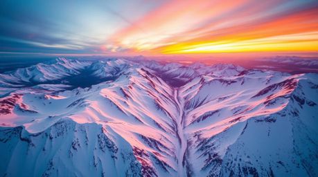 Experience the breathtaking beauty of snow-covered mountains bathed in the soft glow of a pastel sunset. This overhead, bird'