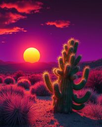 A dreamlike and surreal image captures a desert cactus glowing in vibrant, complementary colors under the last rays of the su