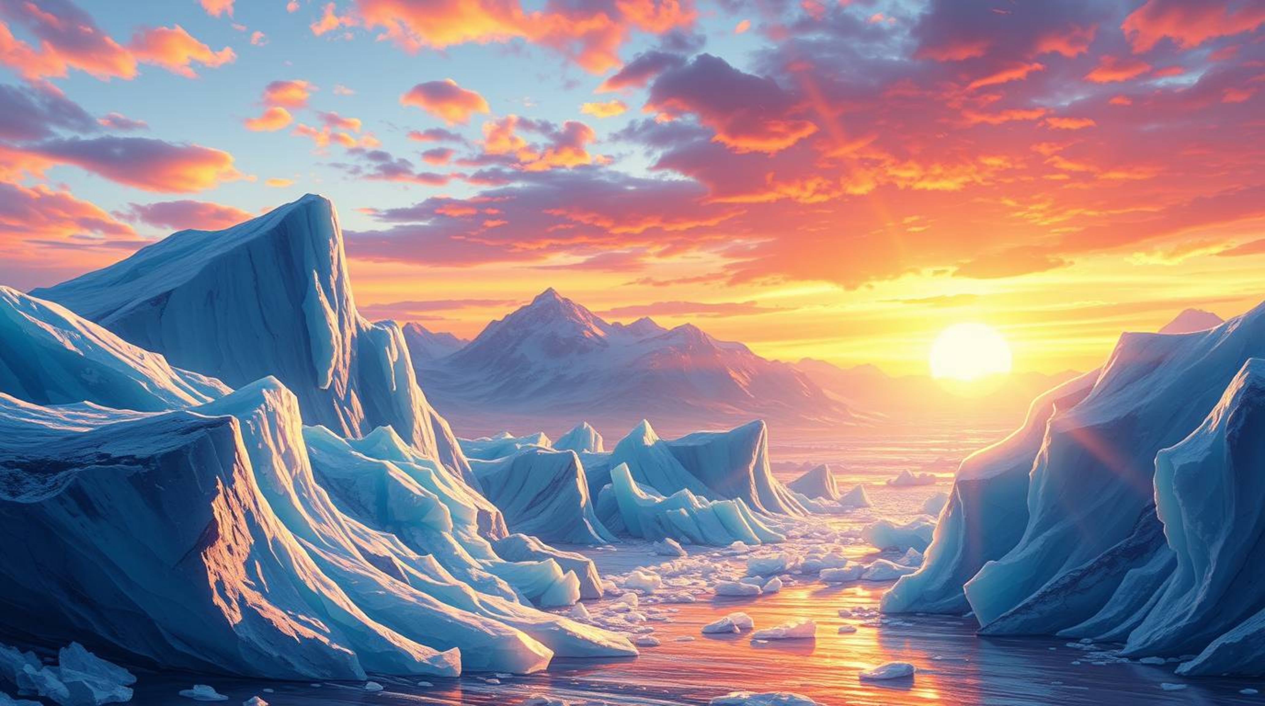 Experience the breathtaking beauty of a vibrant digital painting depicting a lively sunset over icy glaciers.  This artwork s