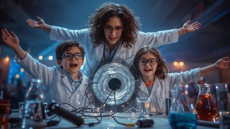 A breathtaking, cinematic photograph captures two ecstatic, 12-year-old science fair participants who have accidentally creat