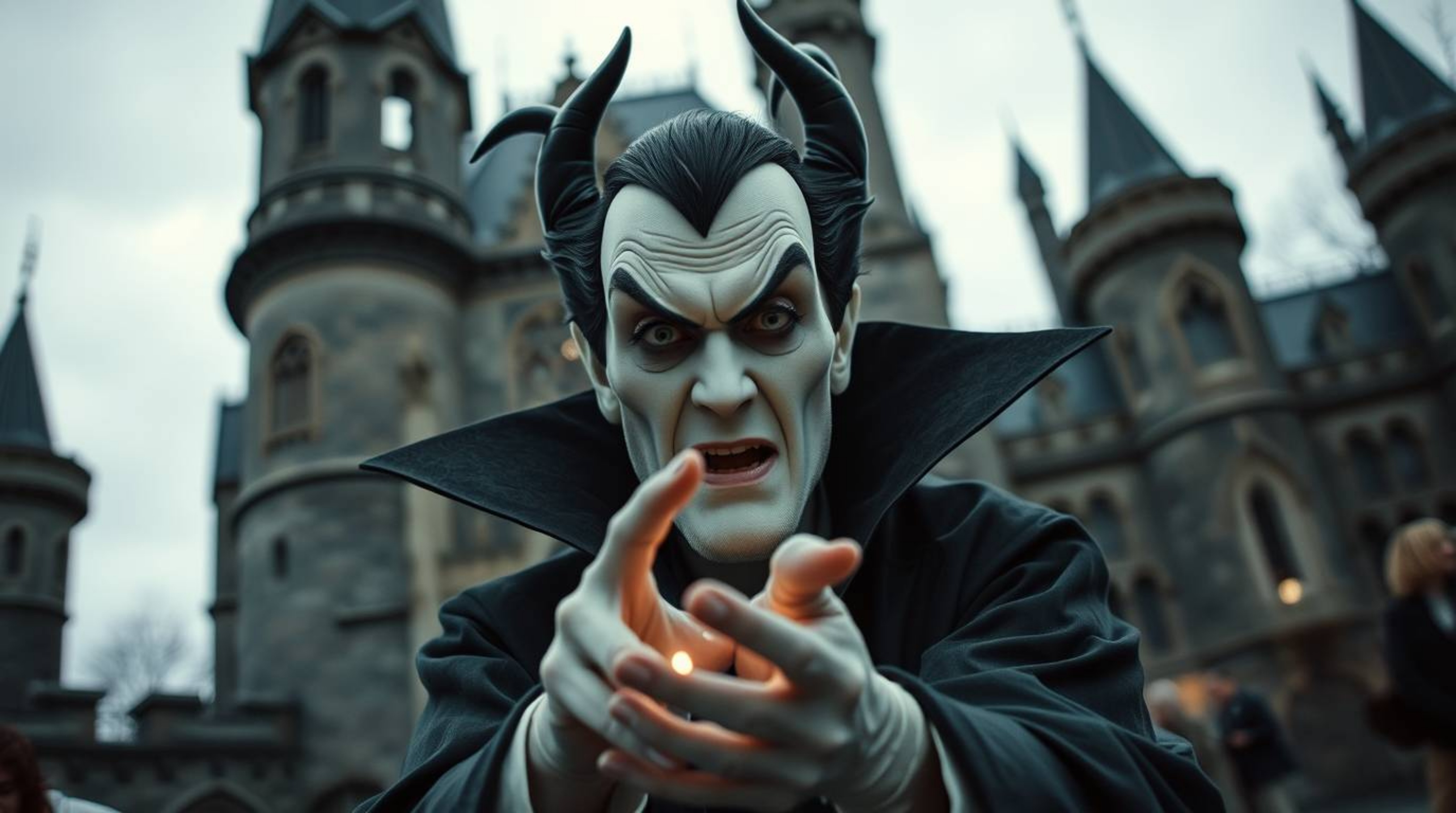 A candid street photography style image showcasing a classic Disney villain with sharp features and pale skin casting a spell