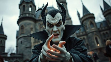 A candid street photography style image showcasing a classic Disney villain with sharp features and pale skin casting a spell