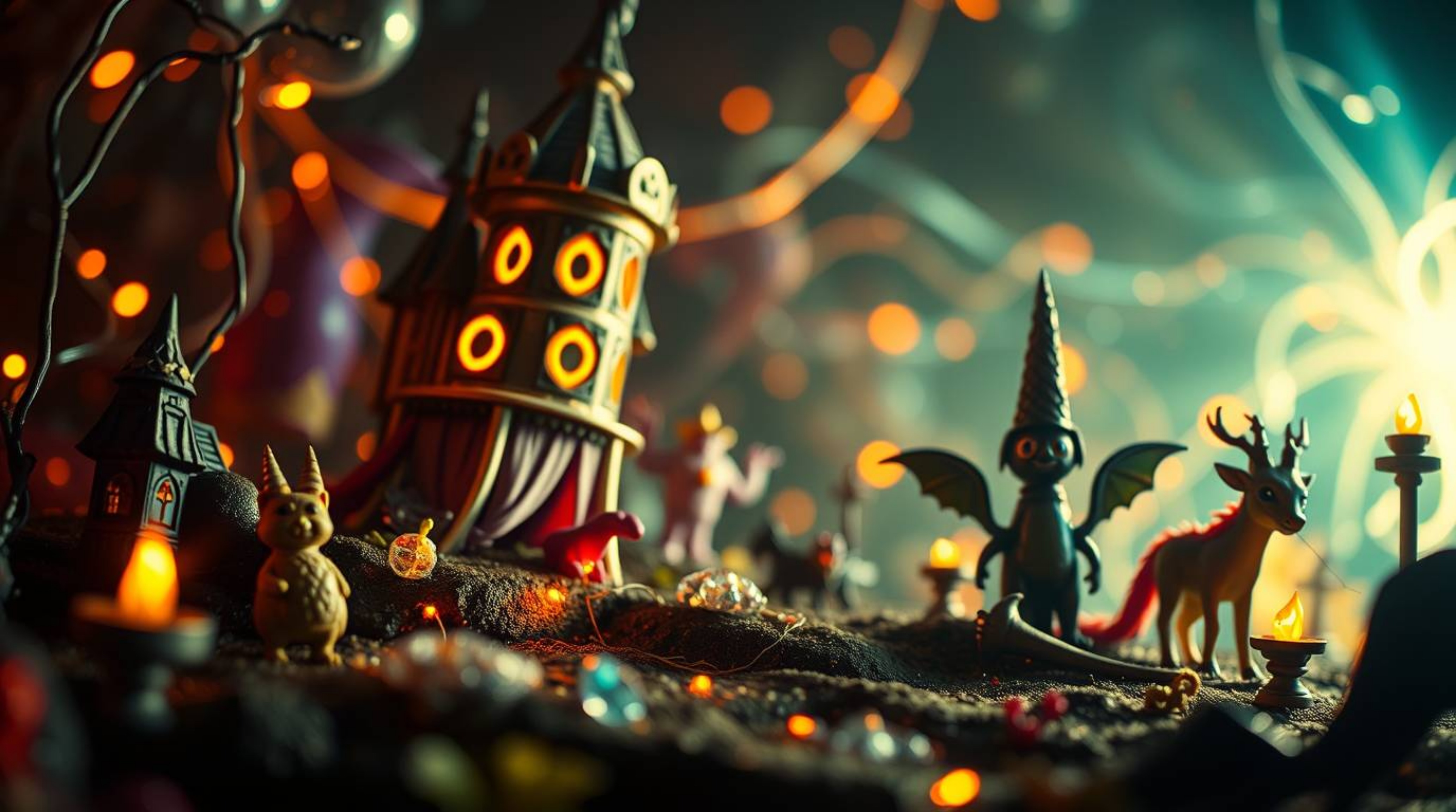 Immerse yourself in a vibrant fantasy kingdom brought to life through creative light art photography. This tight close-up sho