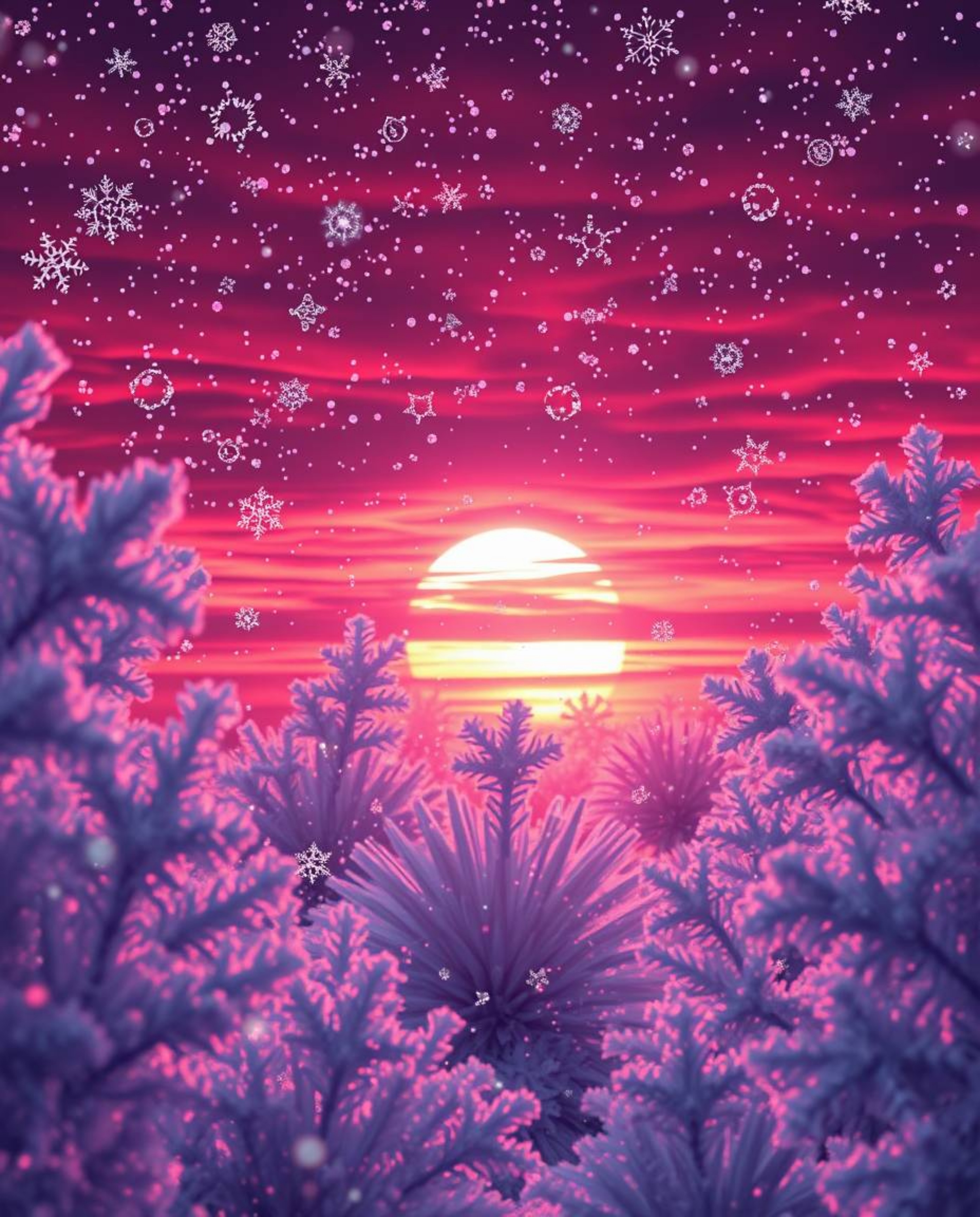 This futuristic sci-fi digital painting captures the abstract patterns created by snowflakes falling during a vibrant sunset.
