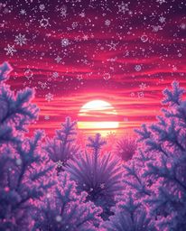 This futuristic sci-fi digital painting captures the abstract patterns created by snowflakes falling during a vibrant sunset.