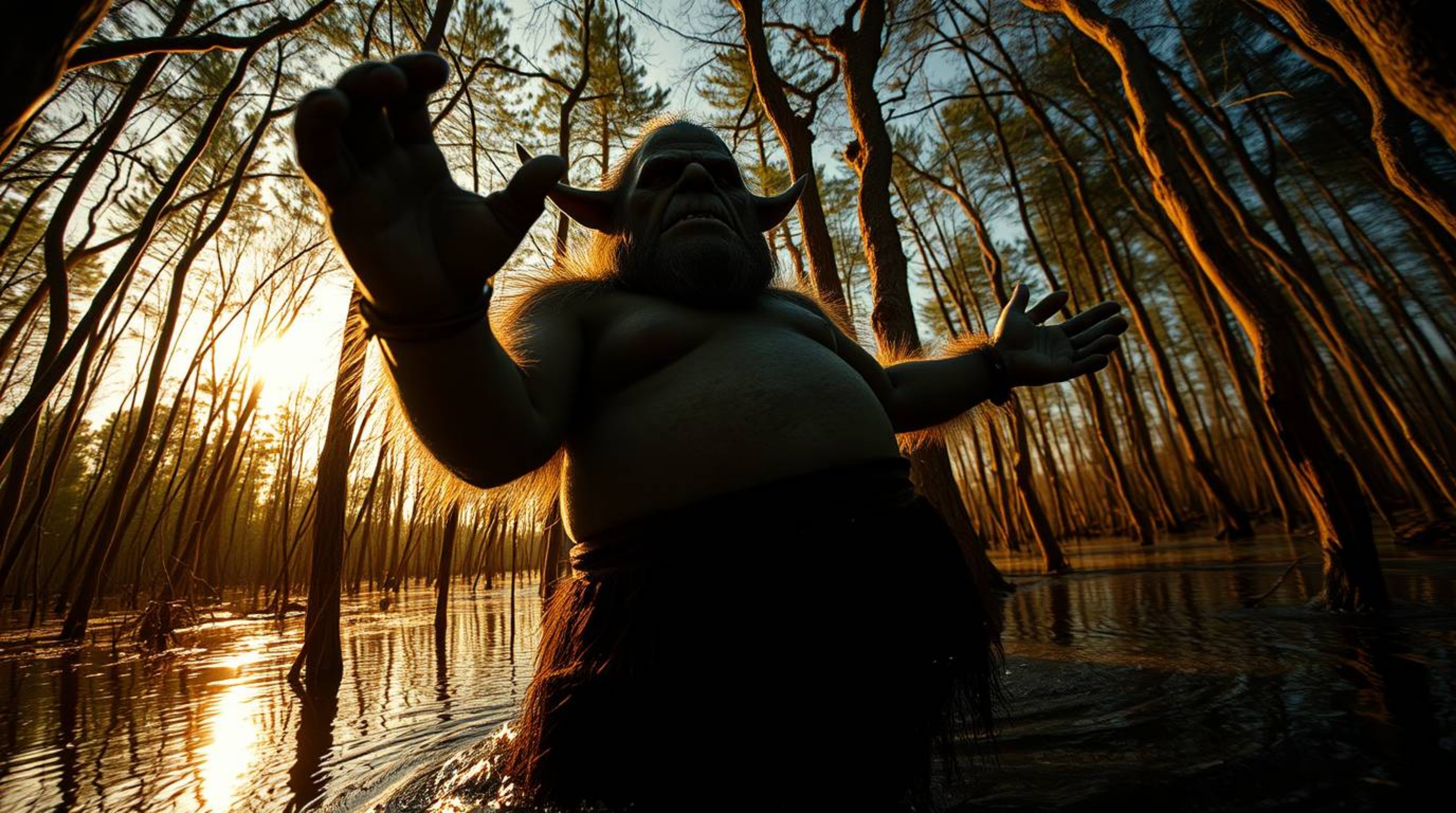 A captivating image depicts an ogre joyfully dancing in a swamp, captured from a low angle during the warm golden hour. The d