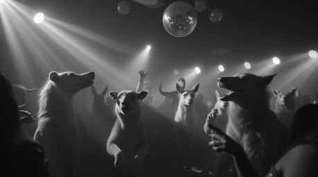 Experience a captivating black and white photograph depicting an animal dance party illuminated by dazzling disco lights. The