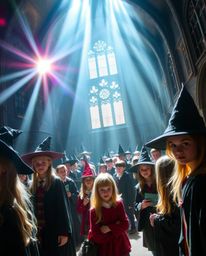 Immerse yourself in a magical school brimming with young wizards, gracefully and elegantly depicted with bright lens flares, 