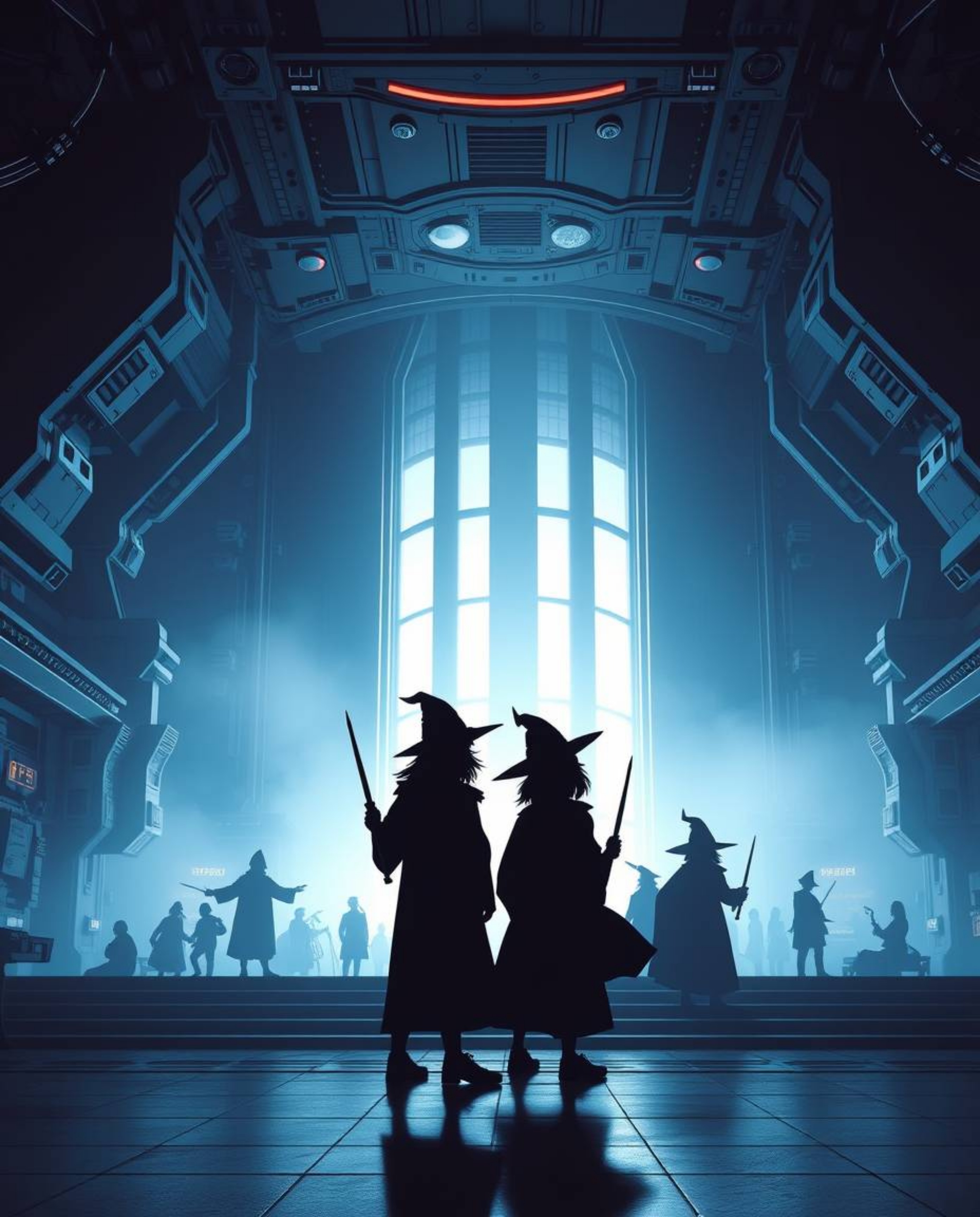 Image showcasing silhouetted young wizards at a futuristic, sci-fi magical school, bathed in a bright backlight with smooth g
