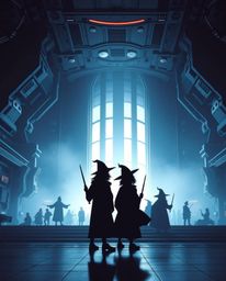 Image showcasing silhouetted young wizards at a futuristic, sci-fi magical school, bathed in a bright backlight with smooth g