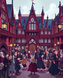 Discover a captivating magical school brimming with young wizards, its walls adorned in rich burgundy and deep blue hues.  Ex