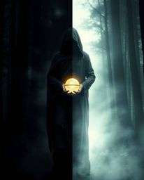 This image depicts a cloaked figure in a misty forest, holding a glowing orb, with a unique split composition. One side radia
