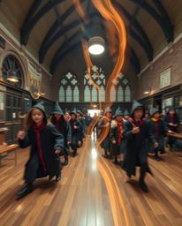 A captivating long exposure photograph depicts a magical school brimming with young wizards.  The image masterfully captures 