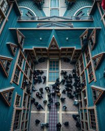 A breathtaking architectural color photograph, captured from an overhead bird's eye view, presents a magical school teeming w