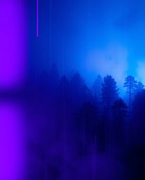 A captivating image showcases a digital glitch effect overlaid on a lush forest scene, rendered in deep ultraviolet hues.  Hi