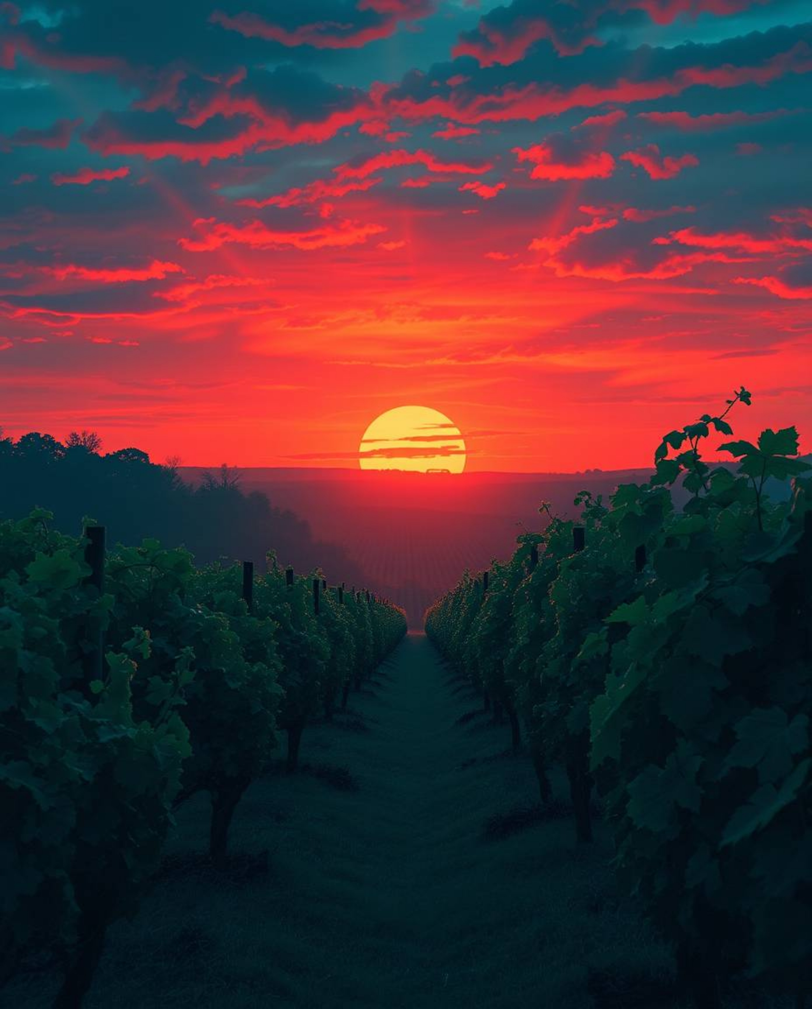 This is an eerie and dreamlike depiction of a sunset over a vineyard, rendered in a palette of rich deep teal and other luxur