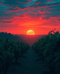 This is an eerie and dreamlike depiction of a sunset over a vineyard, rendered in a palette of rich deep teal and other luxur
