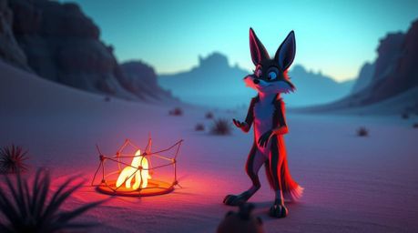Witness a coyote meticulously setting a ridiculously elaborate trap in a desert landscape that comes alive with bioluminescen