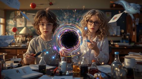 A vibrant, cinematic photograph captures the wonder and excitement of two enthusiastic science fair partners, a boy with mess