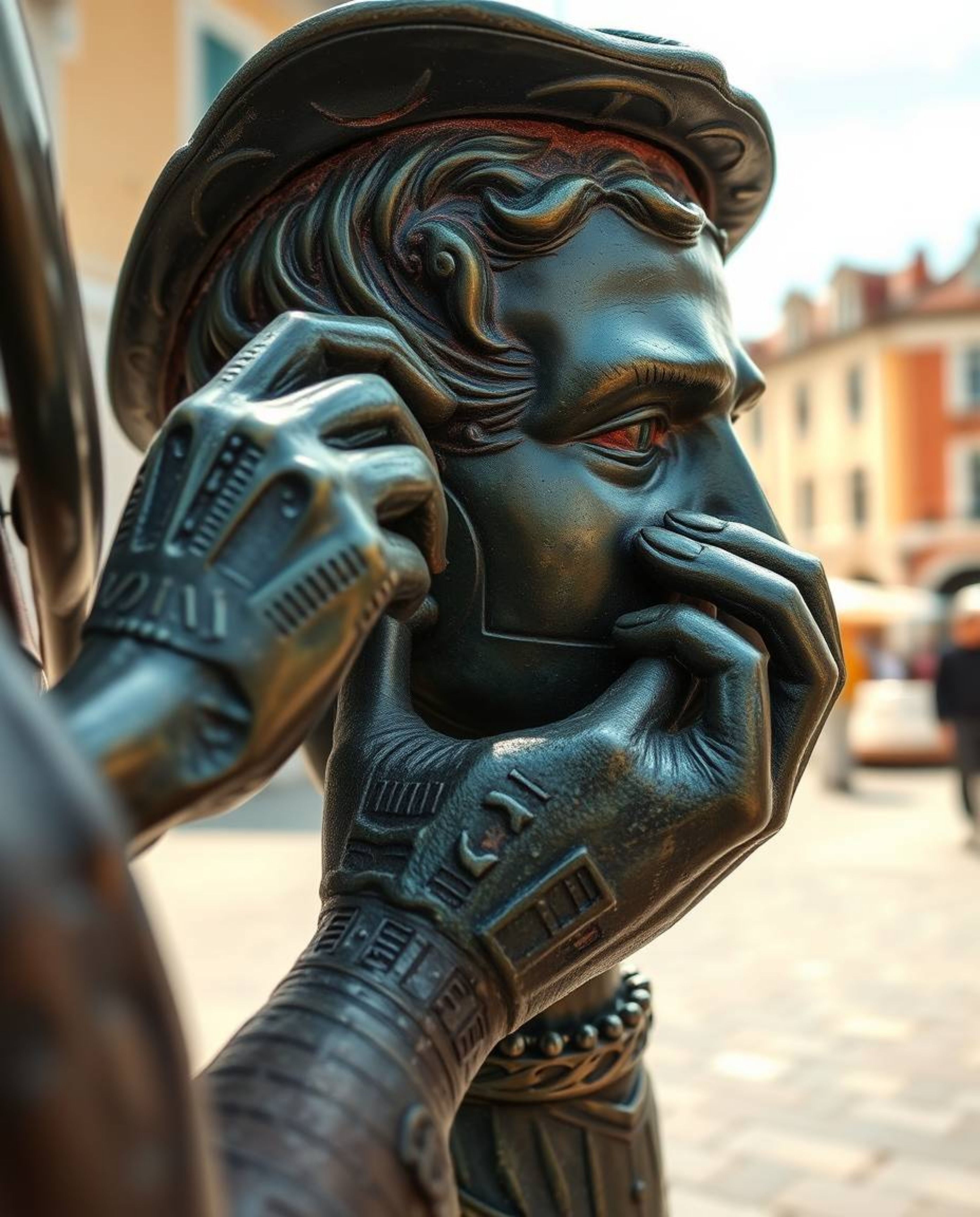 This image features an extreme macro close-up of a cast bronze sculpture depicting a lively musical number set in a bright to