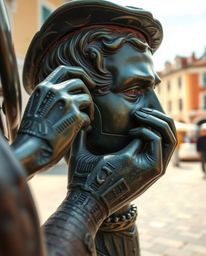This image features an extreme macro close-up of a cast bronze sculpture depicting a lively musical number set in a bright to