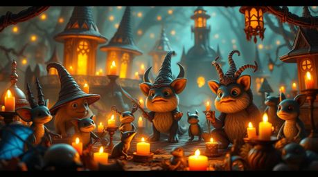 This high-resolution stock photo showcases a vibrant fantasy kingdom teeming with quirky magical creatures. Illuminated by th