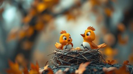 A charming image featuring two cartoon birds diligently building their nest amidst the warm and cozy backdrop of autumn. The