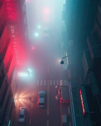 This image captures a cyberpunk street scene with a pixelated glitch effect and a vibrant neon haze. The overhead bird's eye 