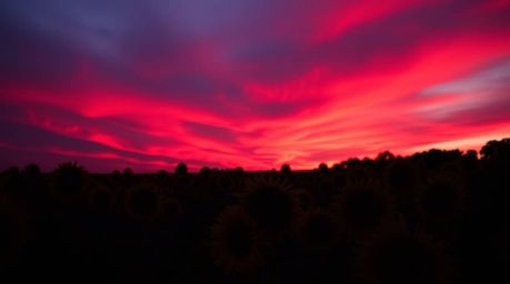 A stunning sunflower field beneath a deep red and purple sky, captured in a moody and cinematic style.  This image features a