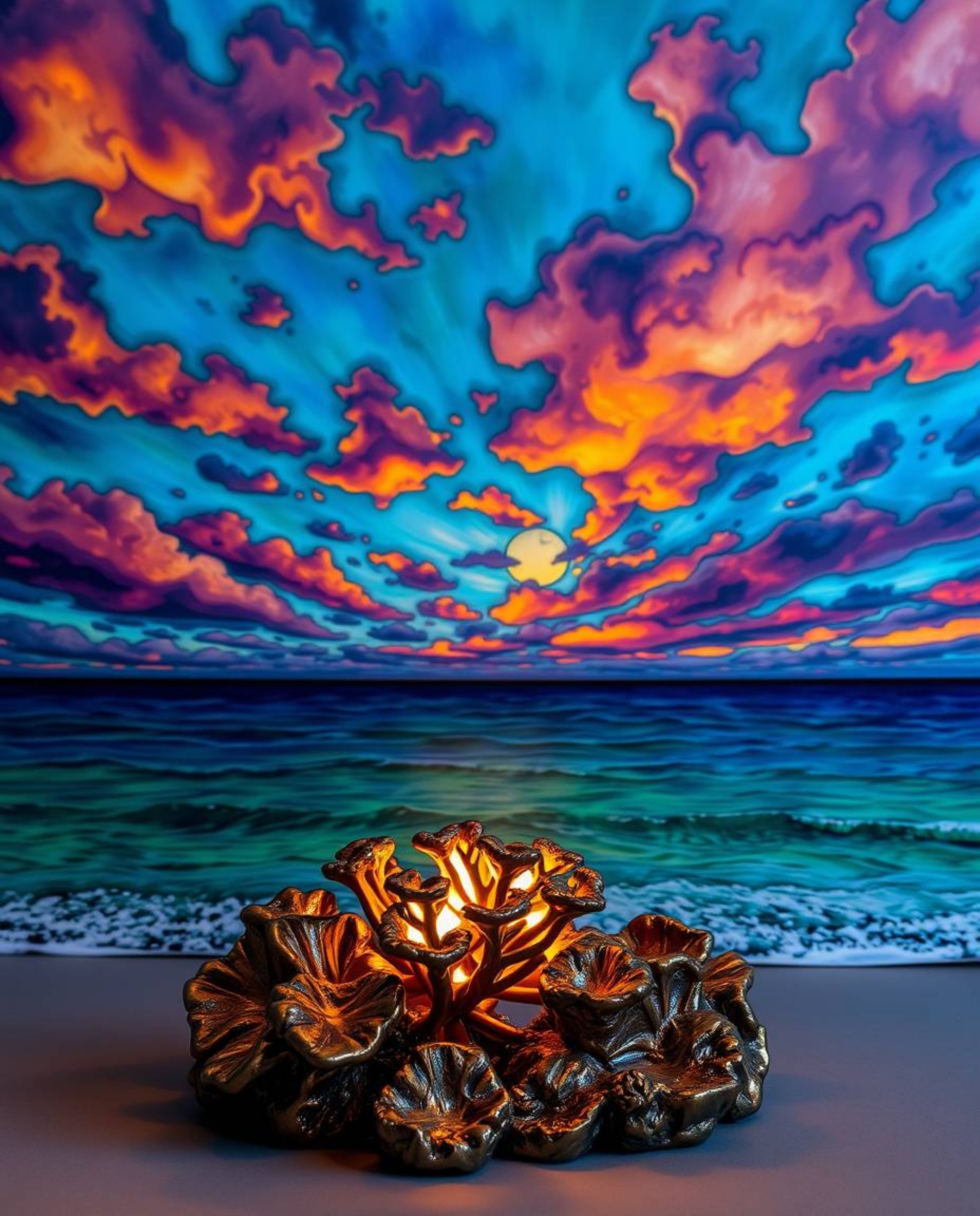 A creative light art piece cast in bronze depicts a colorful sky over a coral reef at low tide. This unique sculpture feature