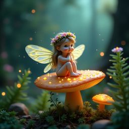 A delicate fairy, adorned with shimmering flowers, sits serenely on an iridescent mushroom in an enchanted forest. Surrounded