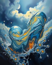 A captivating oil painting featuring dynamic, glassy fluid 3D shapes in perpetual motion, beautifully contrasted against a ba