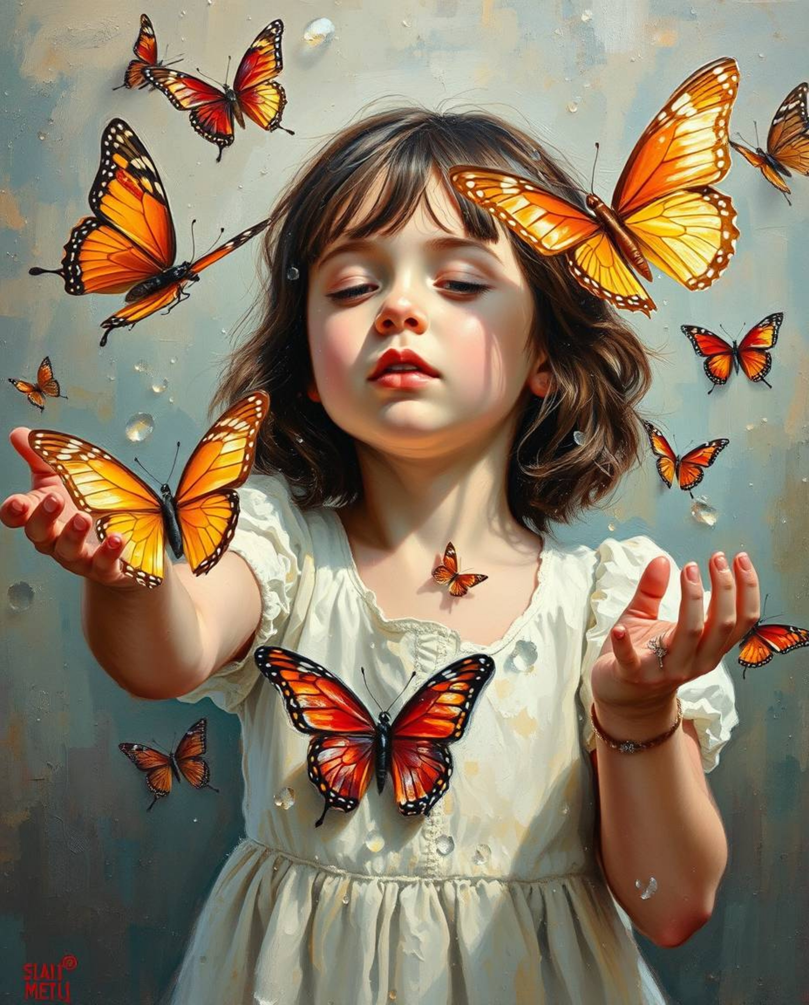 A stunning oil painting depicting a girl releasing a flurry of iridescent butterflies.  The artwork showcases a rich impasto 