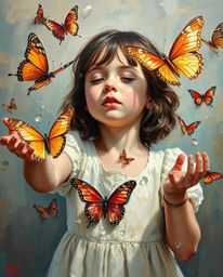 A stunning oil painting depicting a girl releasing a flurry of iridescent butterflies.  The artwork showcases a rich impasto 