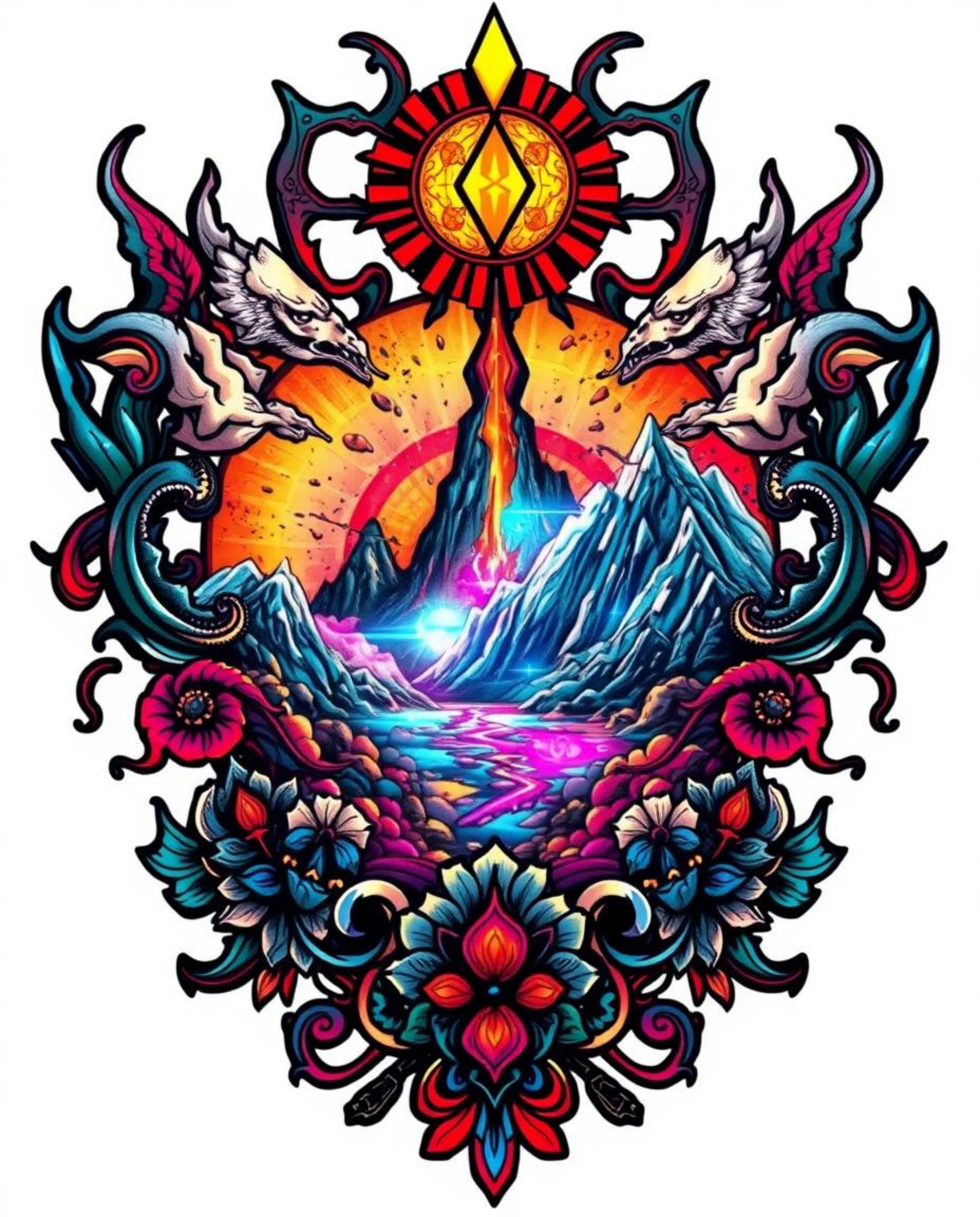 This traditional symbolic tattoo design showcases a dramatic digital glitch landscape fracturing against a clean white backgr