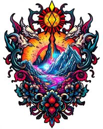 This traditional symbolic tattoo design showcases a dramatic digital glitch landscape fracturing against a clean white backgr