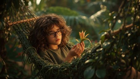 a warmly lit, cinematic photograph of a bespectacled, curly-haired homeschooled genius, perhaps around 12-13 years old, with 