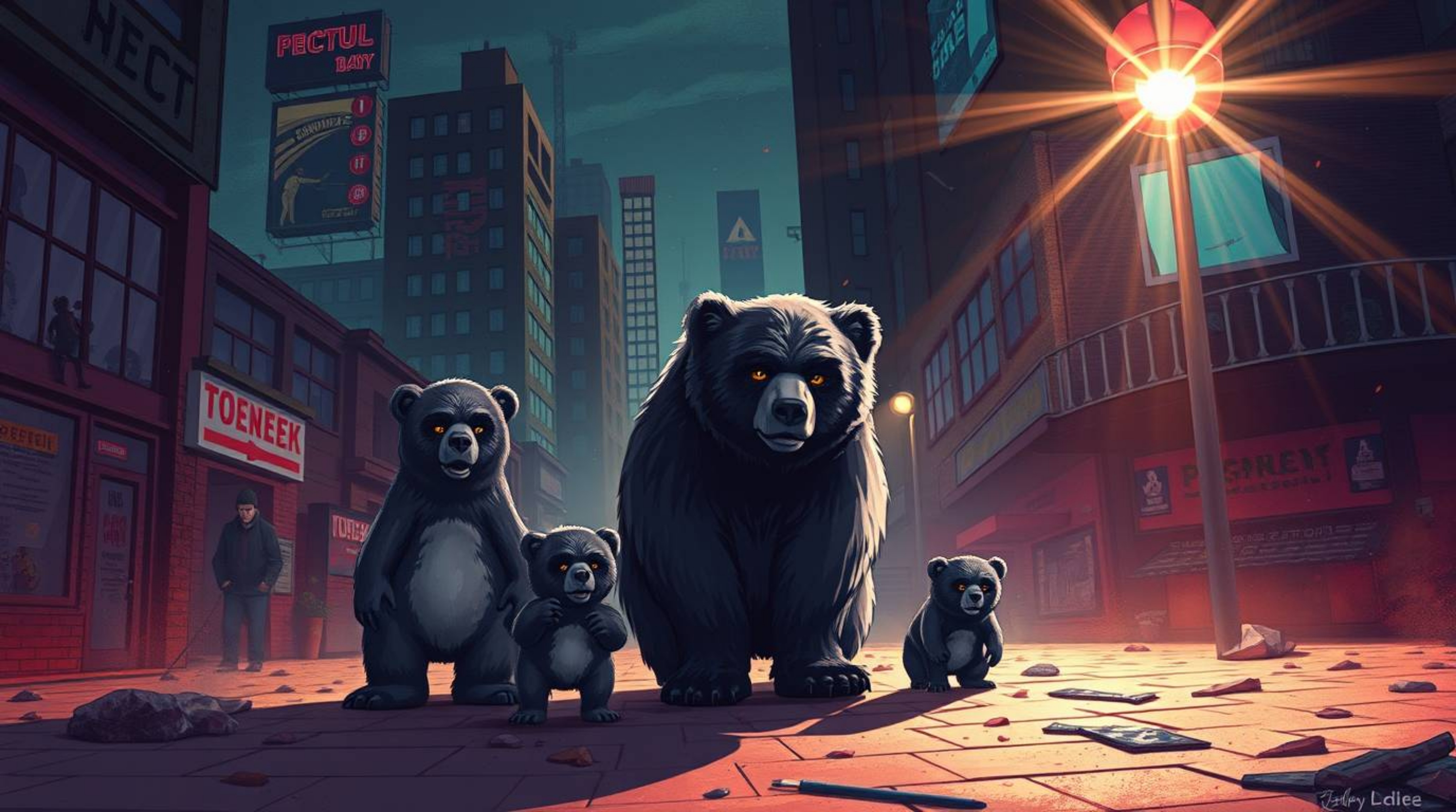 A vibrant yet unsettling illustration featuring a bear family's urban adventure, showcasing bright lens flares and light stre