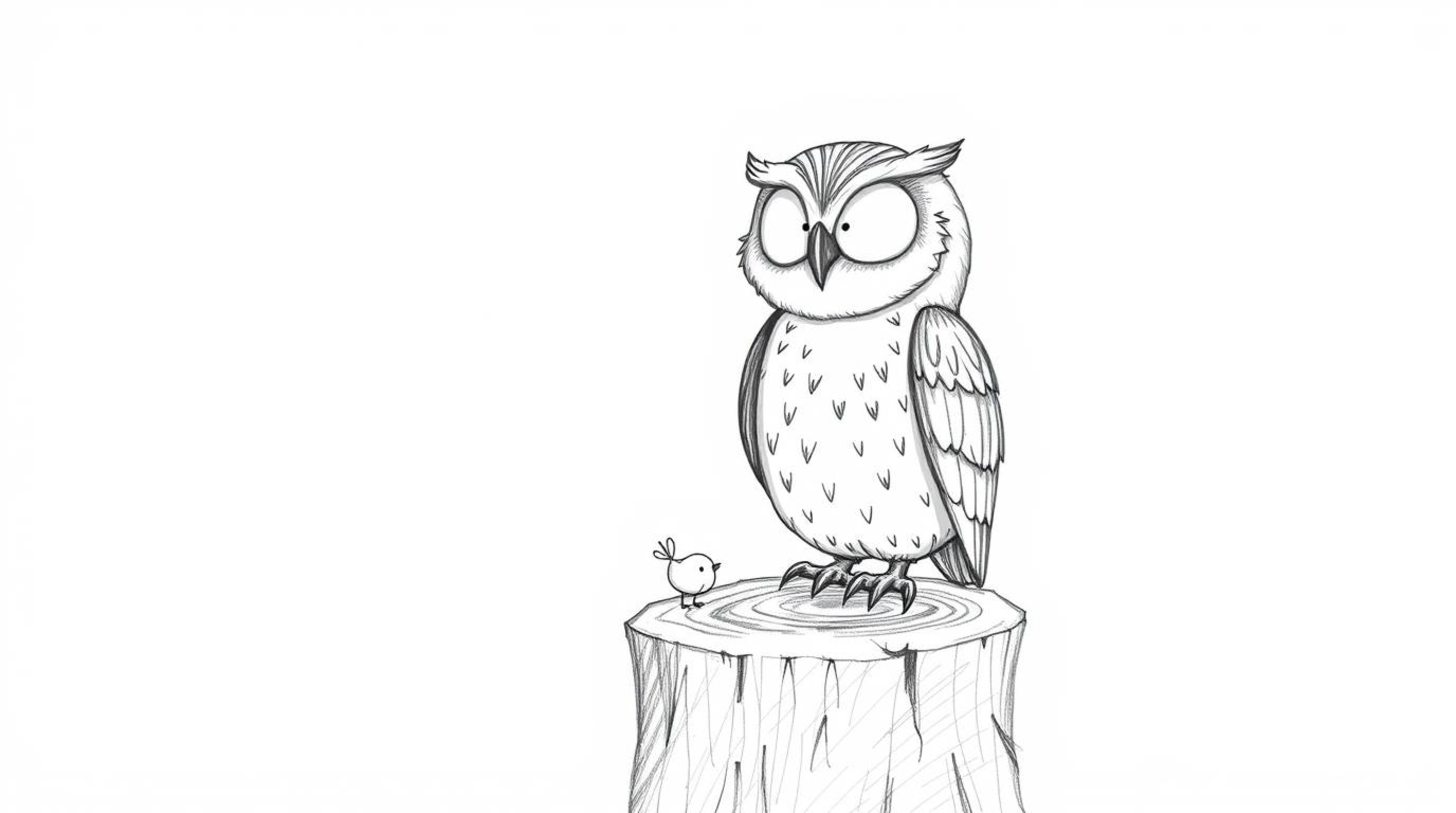 A heartwarming scene depicts a blind owl, rendered in a charming Pixar style with textured pencil strokes, perched on a tree 