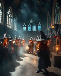 Explore a magical school brimming with young wizards, depicted in a soft, dreamy atmosphere. The scene features creative ligh