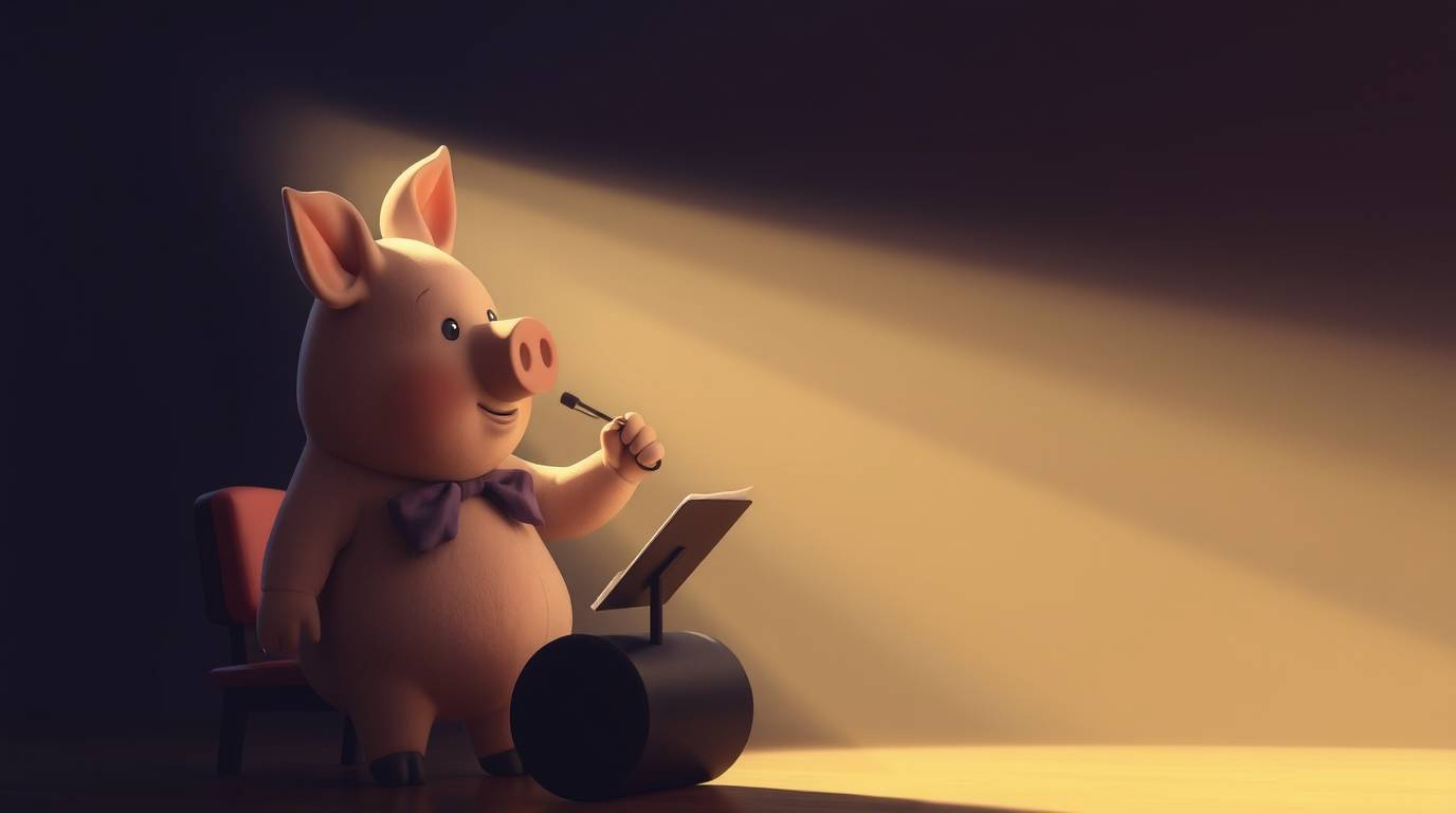 A charming illustration depicts a pig character earnestly conducting an orchestra bathed in gentle, soft light. Diffused shad