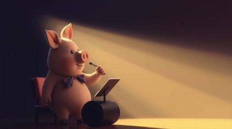 A charming illustration depicts a pig character earnestly conducting an orchestra bathed in gentle, soft light. Diffused shad