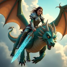 A breathtaking image captures a majestic dragon rider in ornate, silver-trimmed armor, wielding a glowing, crystal-encrusted 