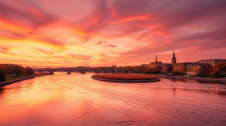 Experience the captivating beauty of a winding river bathed in the warm glow of a dramatic orange-pink sunset.  The scene is 