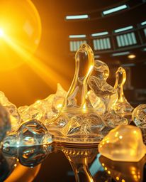 Immerse yourself in a surreal 3D render showcasing hyperrealistic melted glass shapes within a captivating sci-fi environment