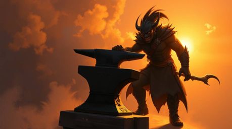 A captivating digital painting portrays a dramatic scene where a warm, golden hour light bathes an anvil suspended above a tr